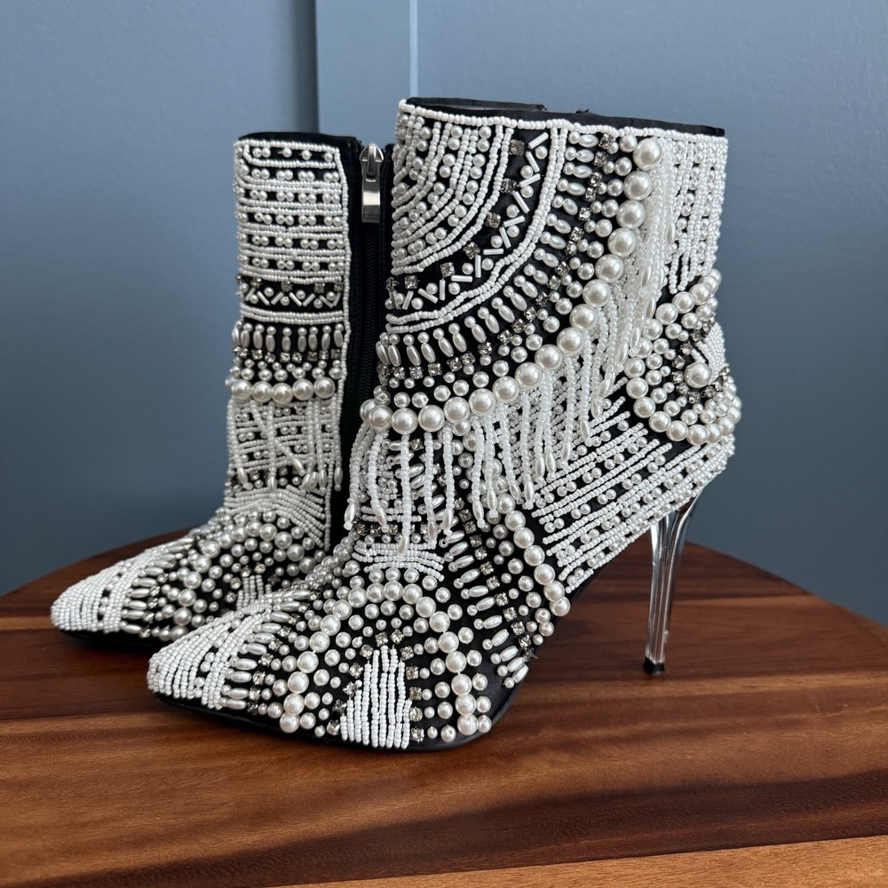 Azalea Wang Pearl Booties Women's 8.5 Stiletto Rhinestone Maximalist Bridal